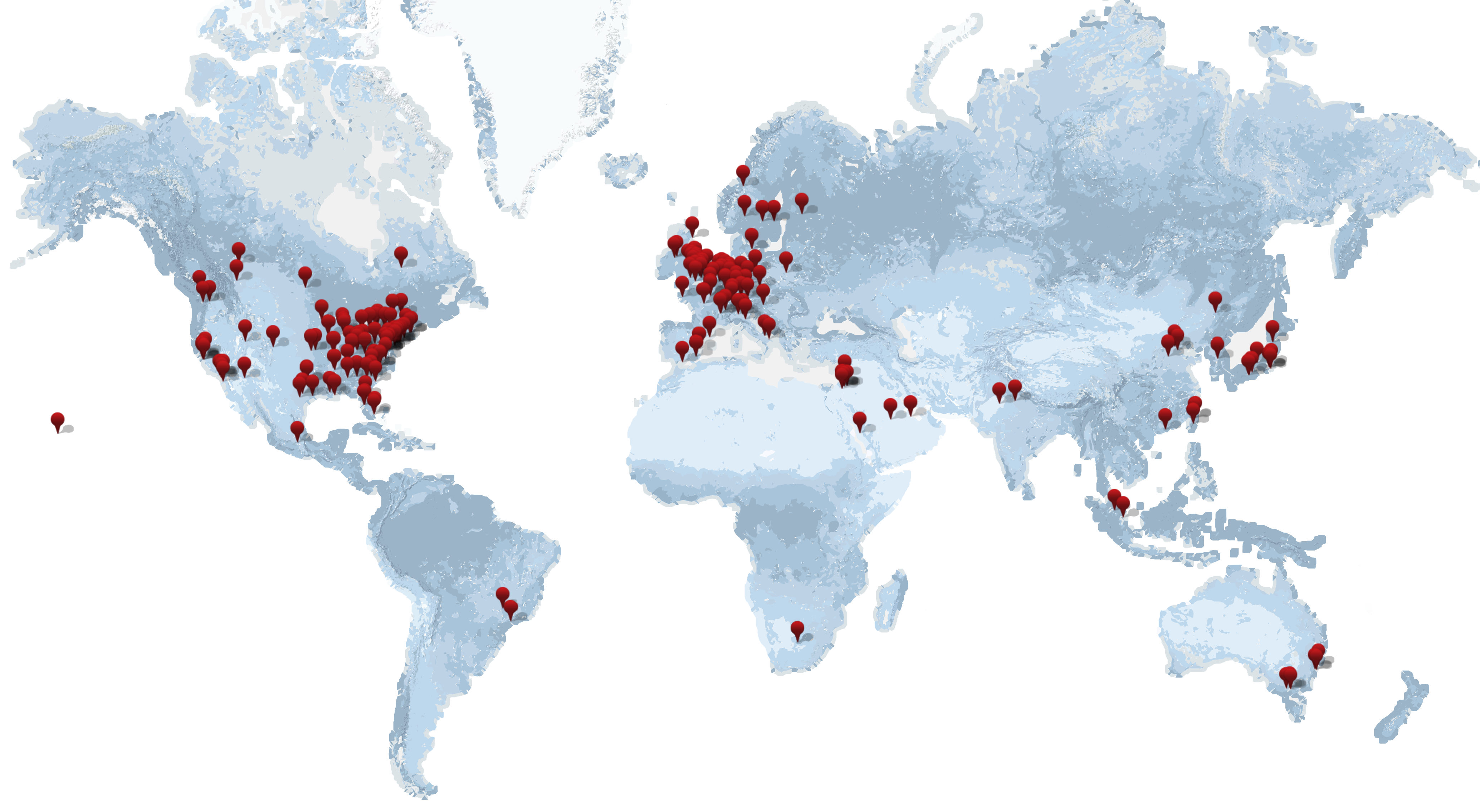 World map with pins showing the cities where Partek has customers